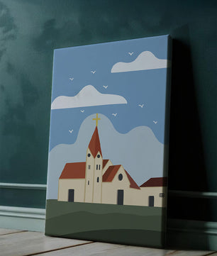 Idyllic Church Landscape with Golden Cross and Blue Sky