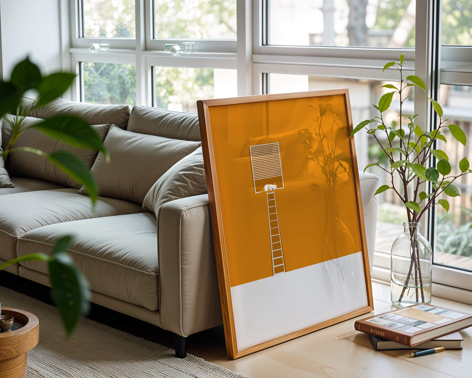 Cat Sleeping on Elevated Platform Against Orange Background