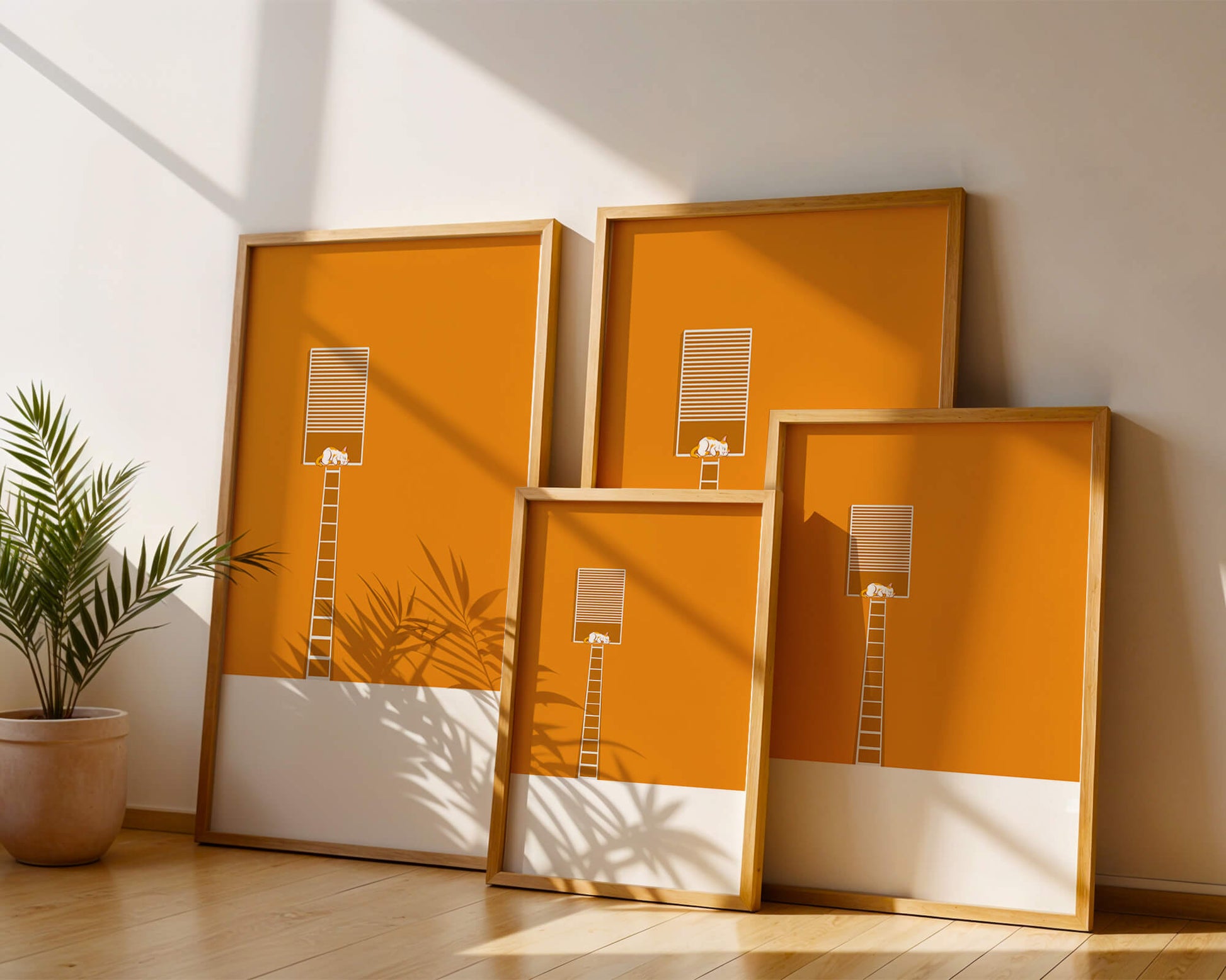 Cat Sleeping on Elevated Platform Against Orange Background