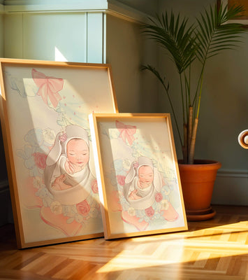 Sweet sleeping baby surrounded by soft pastel decorations