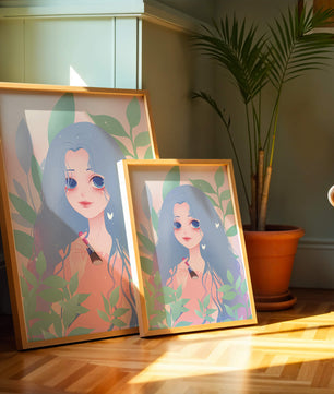 Illustration of a blue-haired girl surrounded by greenery