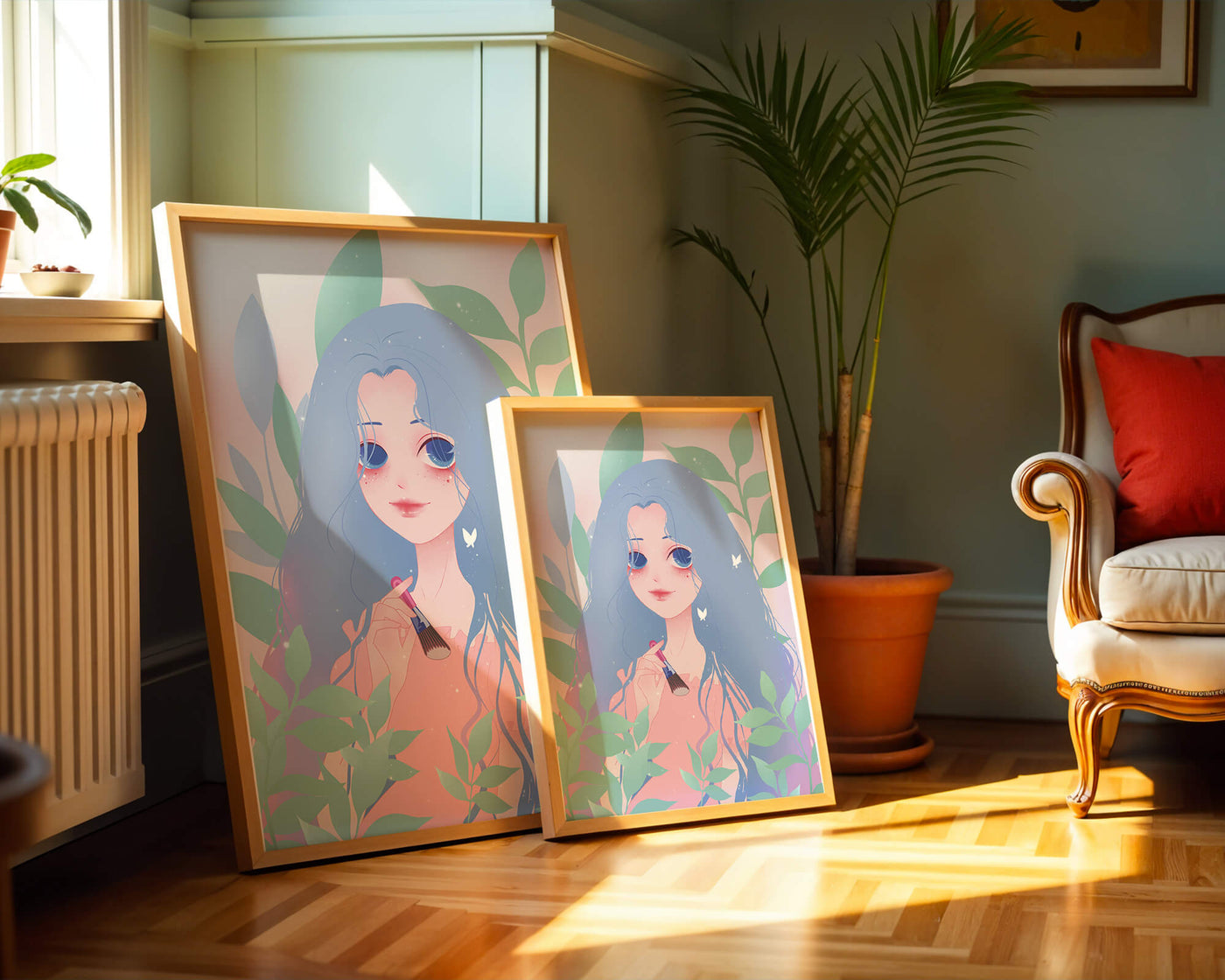 Illustration of a blue-haired girl surrounded by greenery