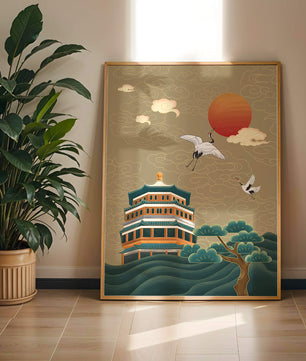 Traditional Asian art with cranes and temple at sunset