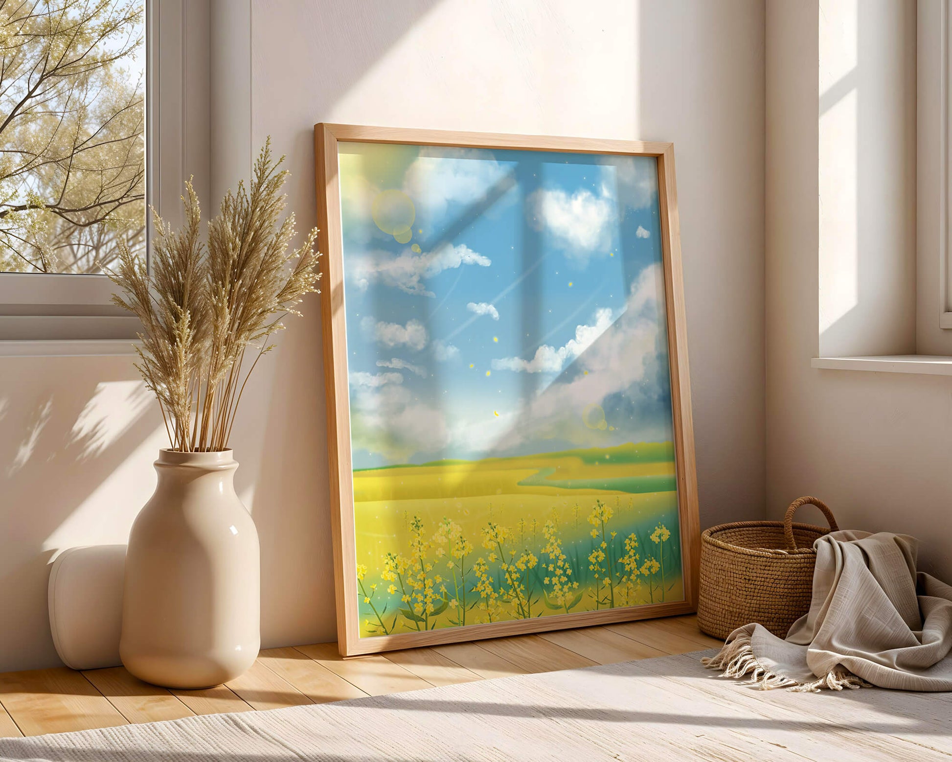 Sunny Meadow with Yellow Flowers and Blue Sky Scenic Art