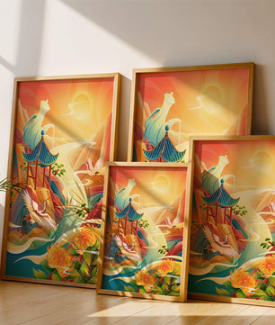 Mystical landscape with cranes and serene mountains