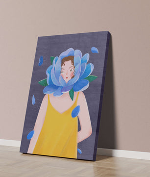 Illustration of woman with blue flower head and yellow dress