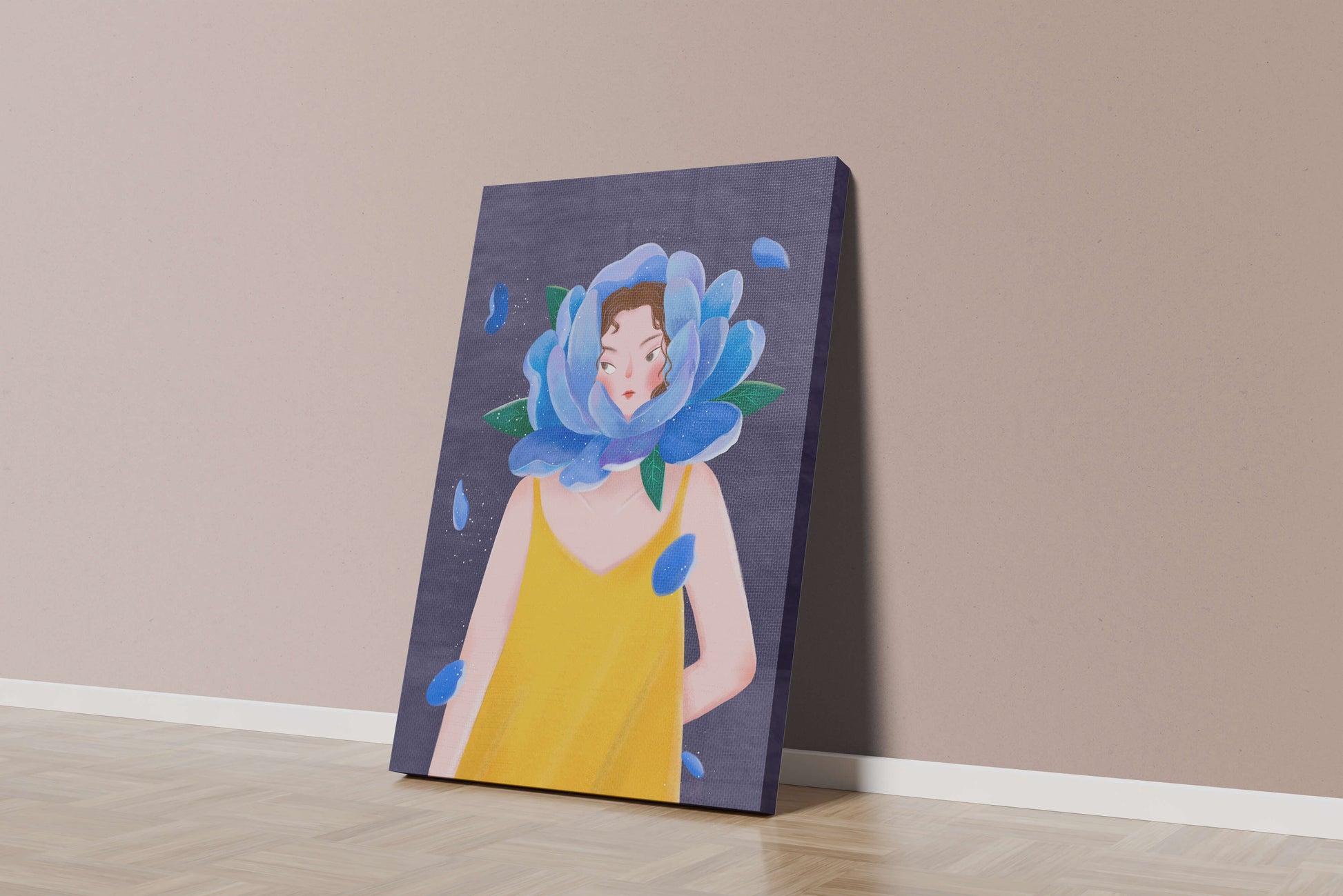 Illustration of woman with blue flower head and yellow dress