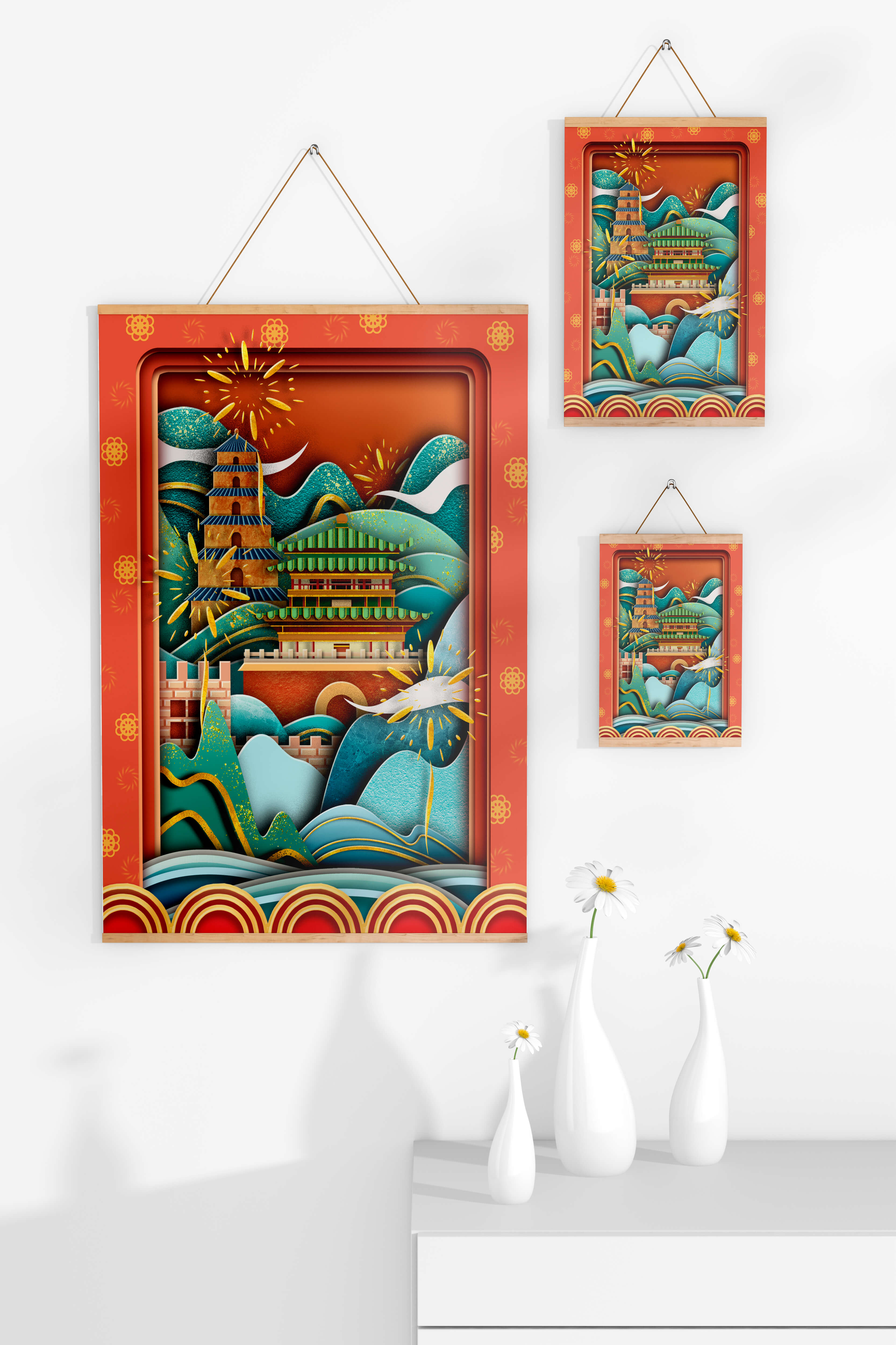 Illustrated Asian landscape with fireworks and traditional architecture