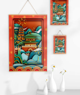 Paysage asiatique illustré avec des feux d'artifice et une architecture traditionnelle