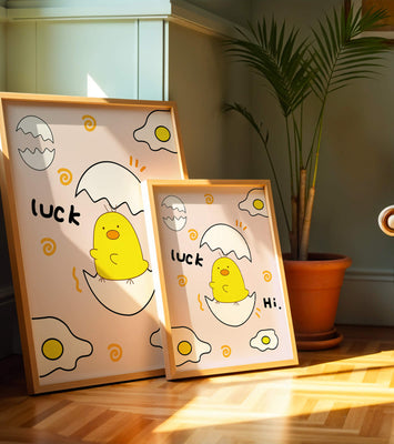 Chick hatching from an egg with cheerful expressions and fried egg motifs