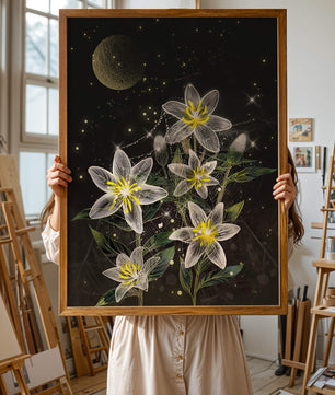 Luminous Night Flowers Under a Starry Sky with Golden Moon - Mi tienda