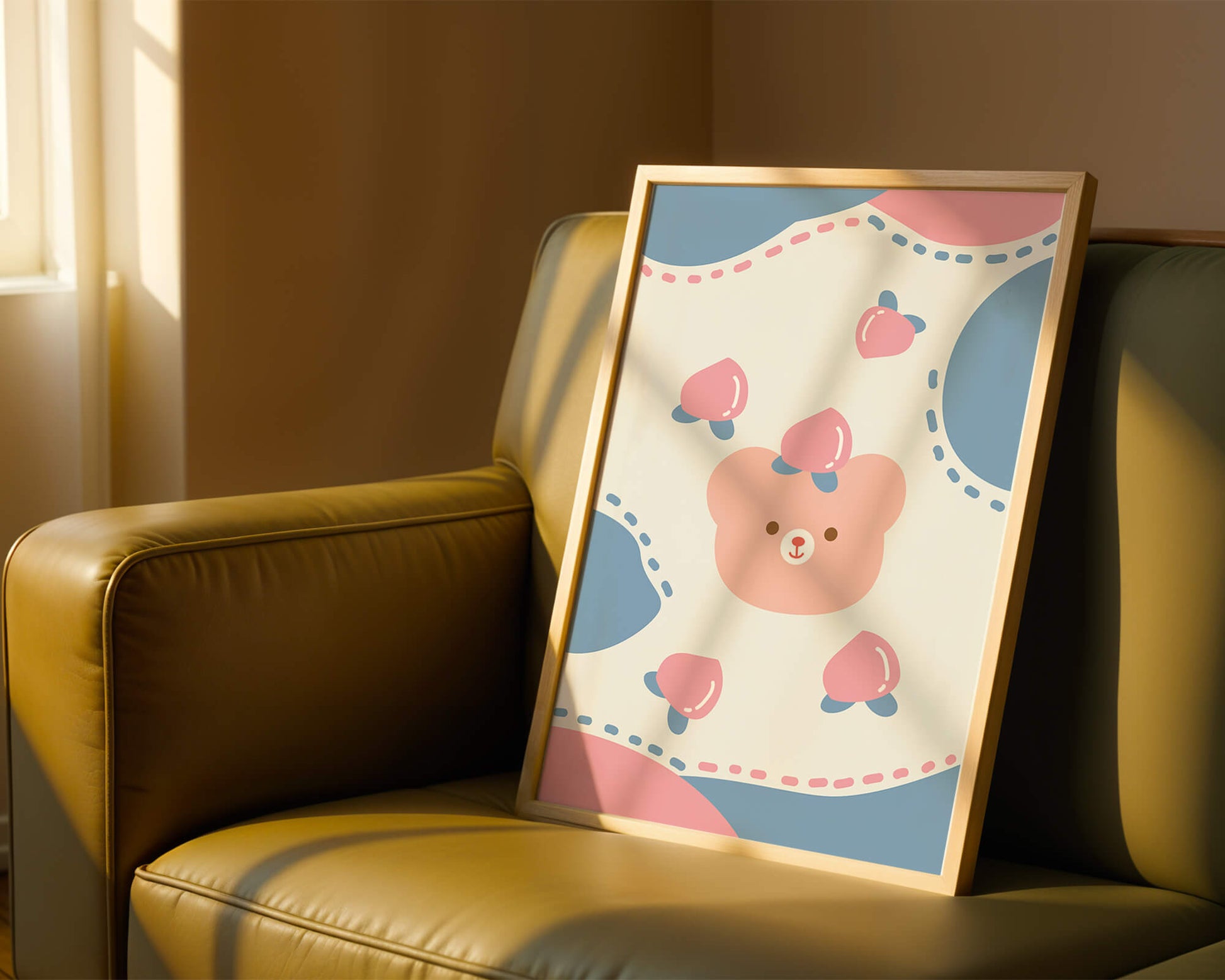 Adorable pastel bear with peaches and dotted background