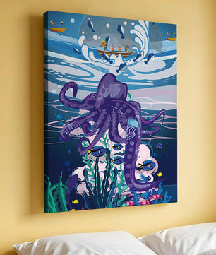 Colorful underwater scene with octopus and fishing boat above