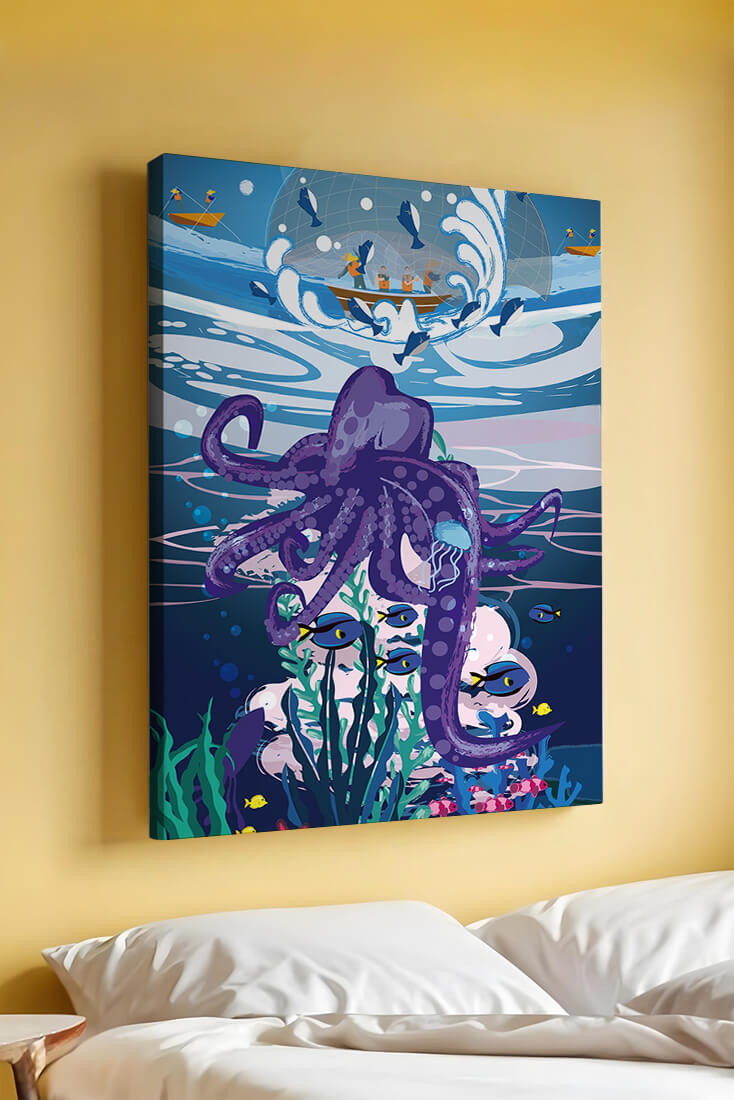 Colorful underwater scene with octopus and fishing boat above