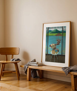 Scenic view from a room overlooking a tranquil water garden with stepping stones and mountains