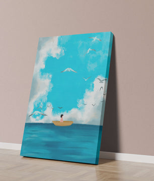 Peaceful seascape illustration with a boat and birds