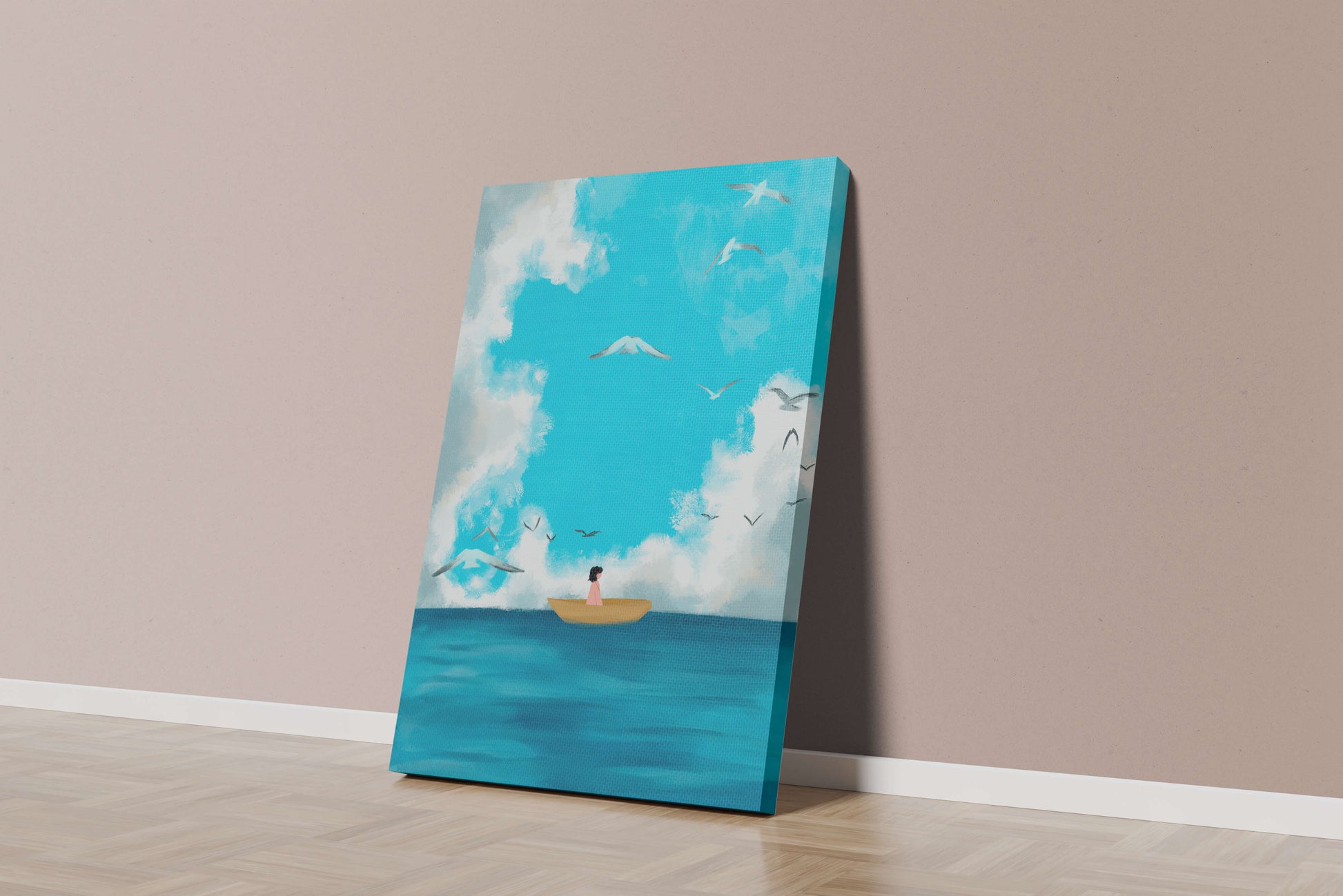 Peaceful seascape illustration with a boat and birds