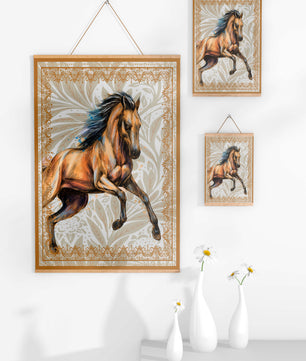 Elegant horse illustration with ornate golden frame
