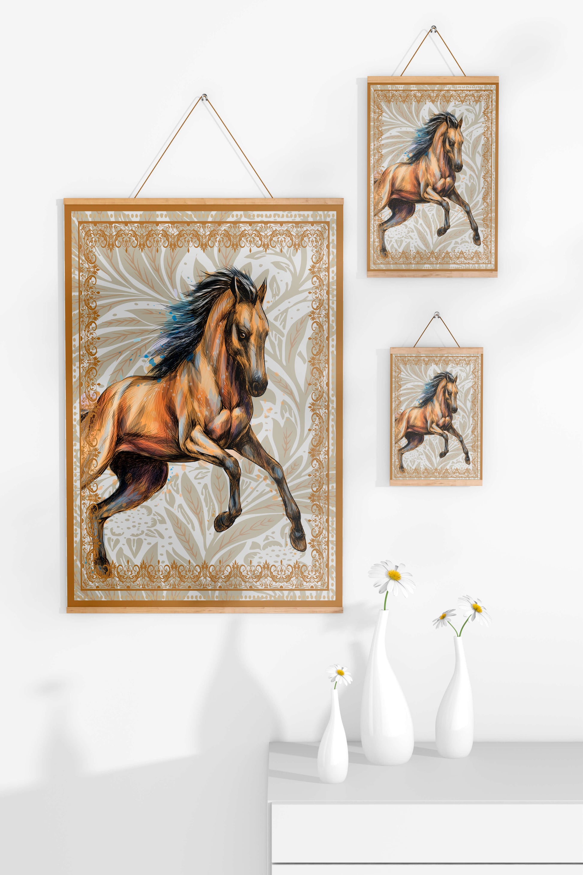 Elegant horse illustration with ornate golden frame