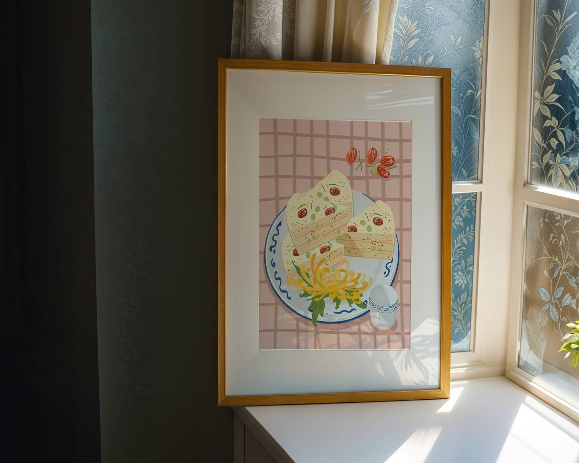 Illustration of layered cake on patterned plate with flowers and a cup