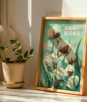 Ilustración de plantas de algodón con texto de apoyo en chino