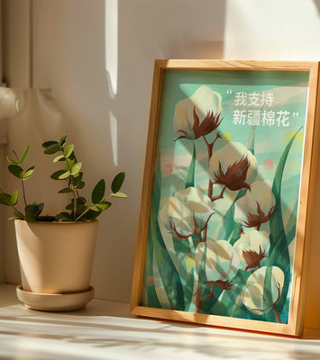Illustration of cotton plants with supportive text in Chinese