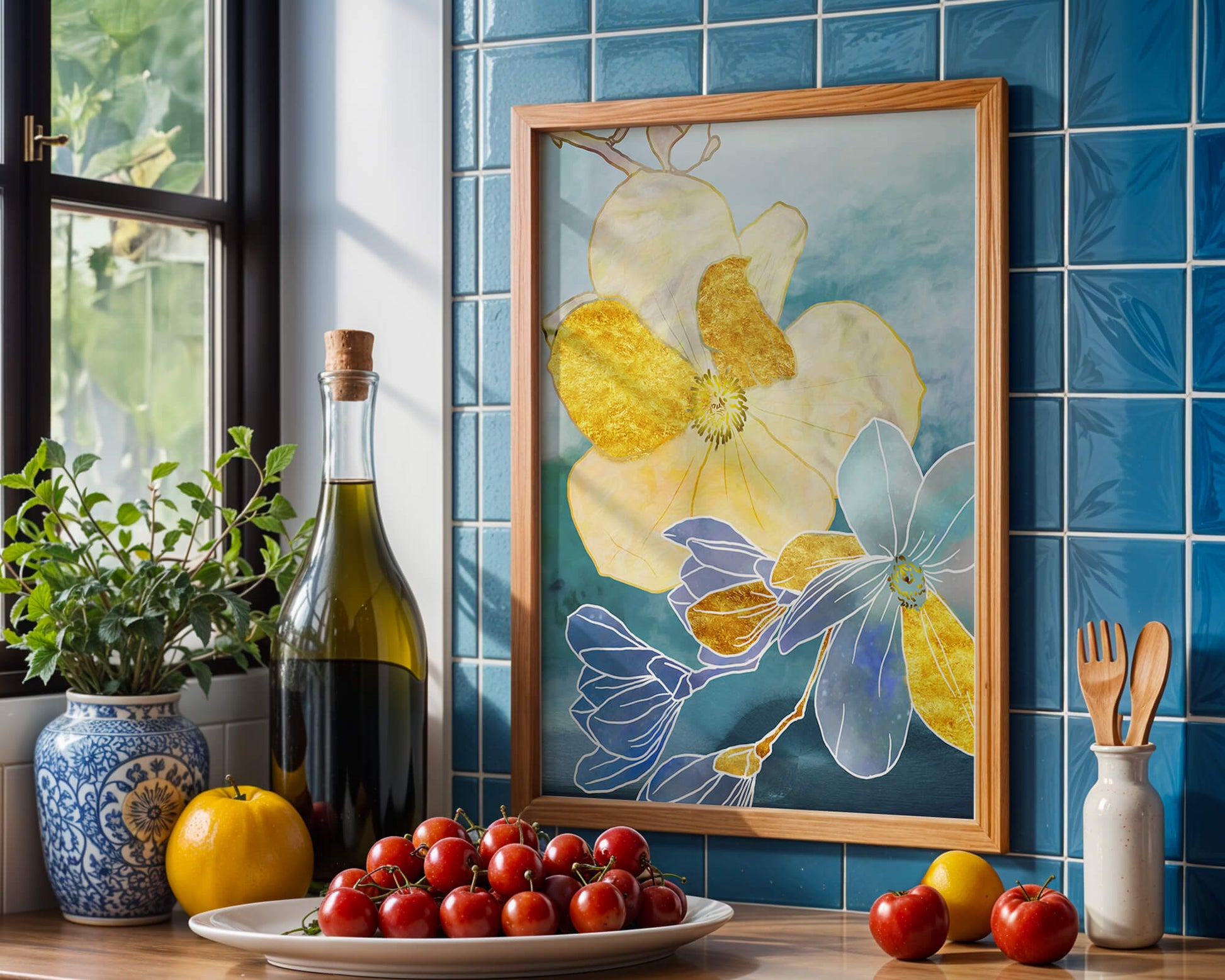 Arte floral abstracto con detalles dorados y tonos azules