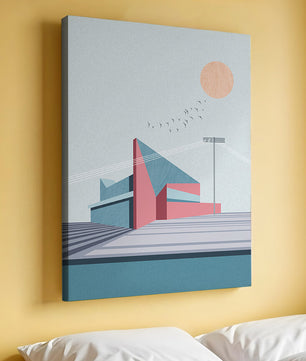 Ilustración arquitectónica moderna con diseño geométrico y atardecer