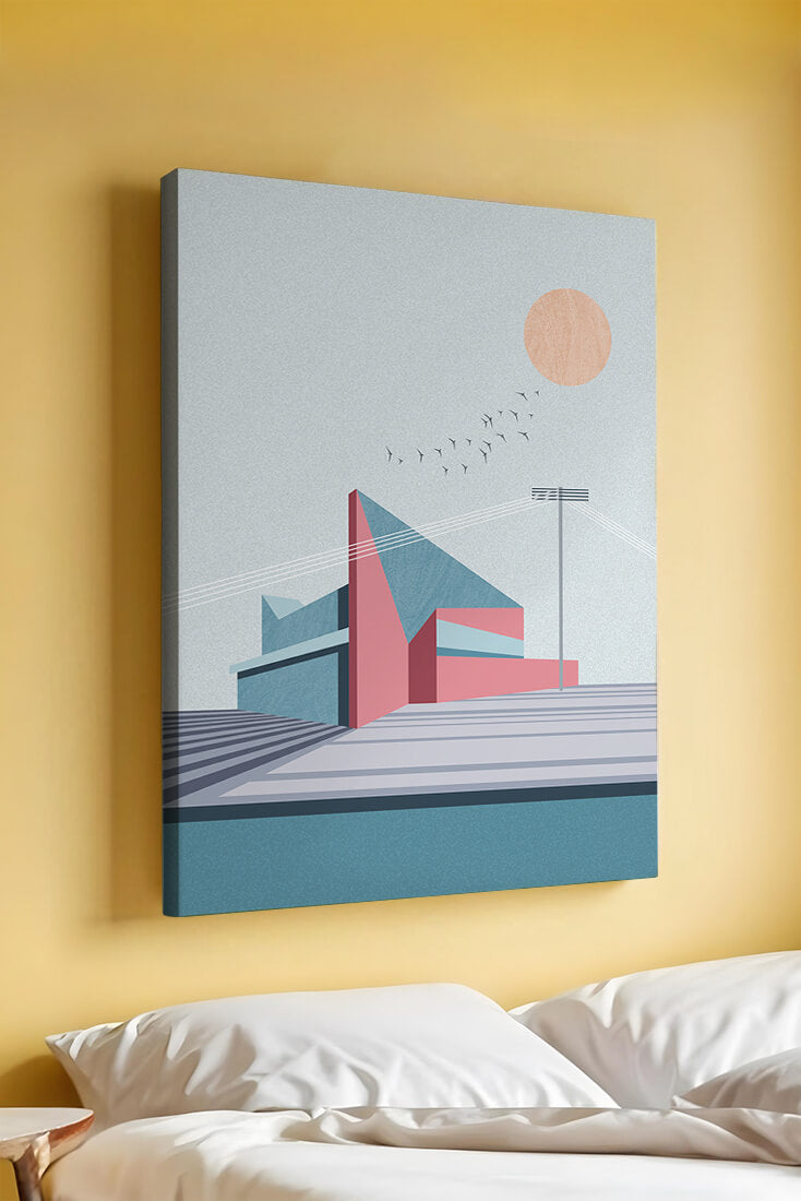 Ilustración arquitectónica moderna con diseño geométrico y atardecer