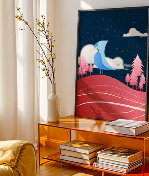Colorful Night Scene with Blue Bird Under Starry Sky - Mi tienda