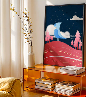 Colorful Night Scene with Blue Bird Under Starry Sky