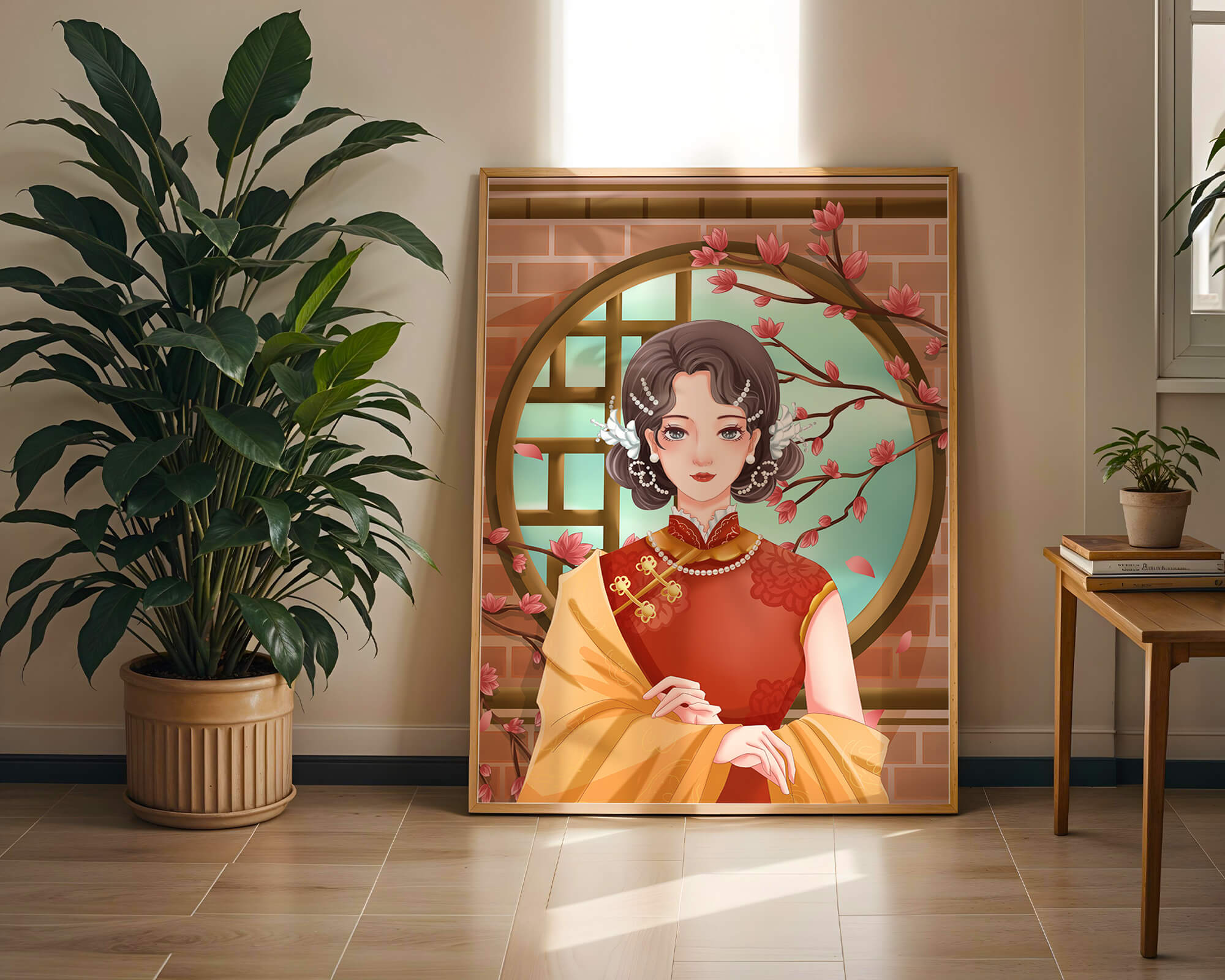 Elegant woman in traditional dress with floral background