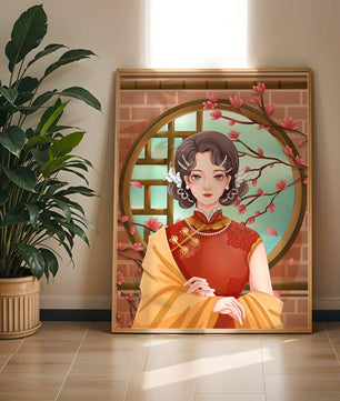Elegant woman in traditional dress with floral background