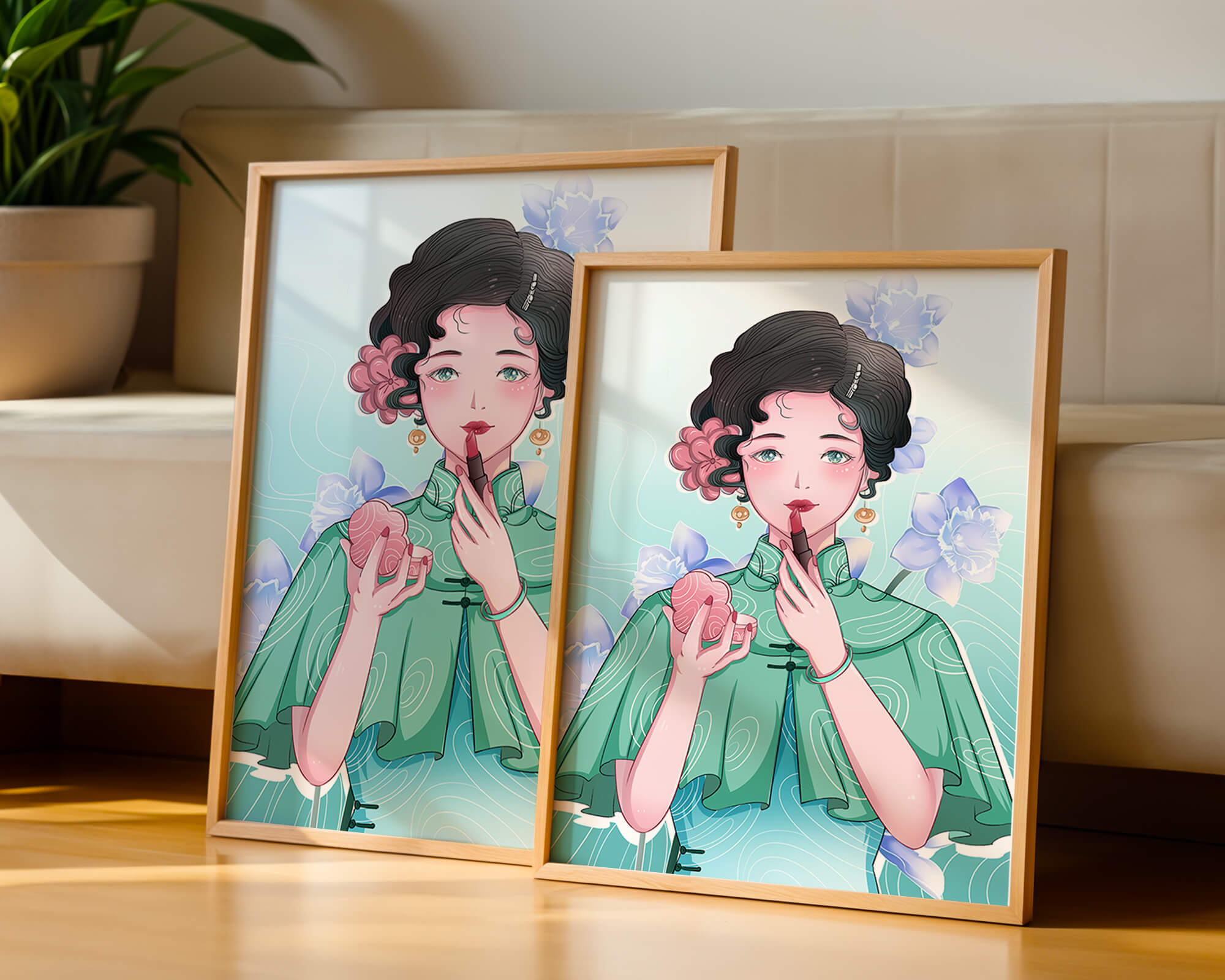 Woman applying lipstick with elegant floral background