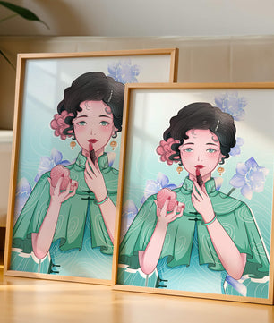 Woman applying lipstick with elegant floral background