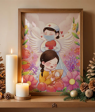 Escena ilustrada de un ángel de la salud con un niño y flores
