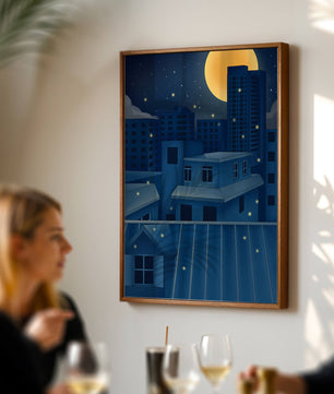 Night Urban Skyline Under a Starry Sky with Bright Full Moon