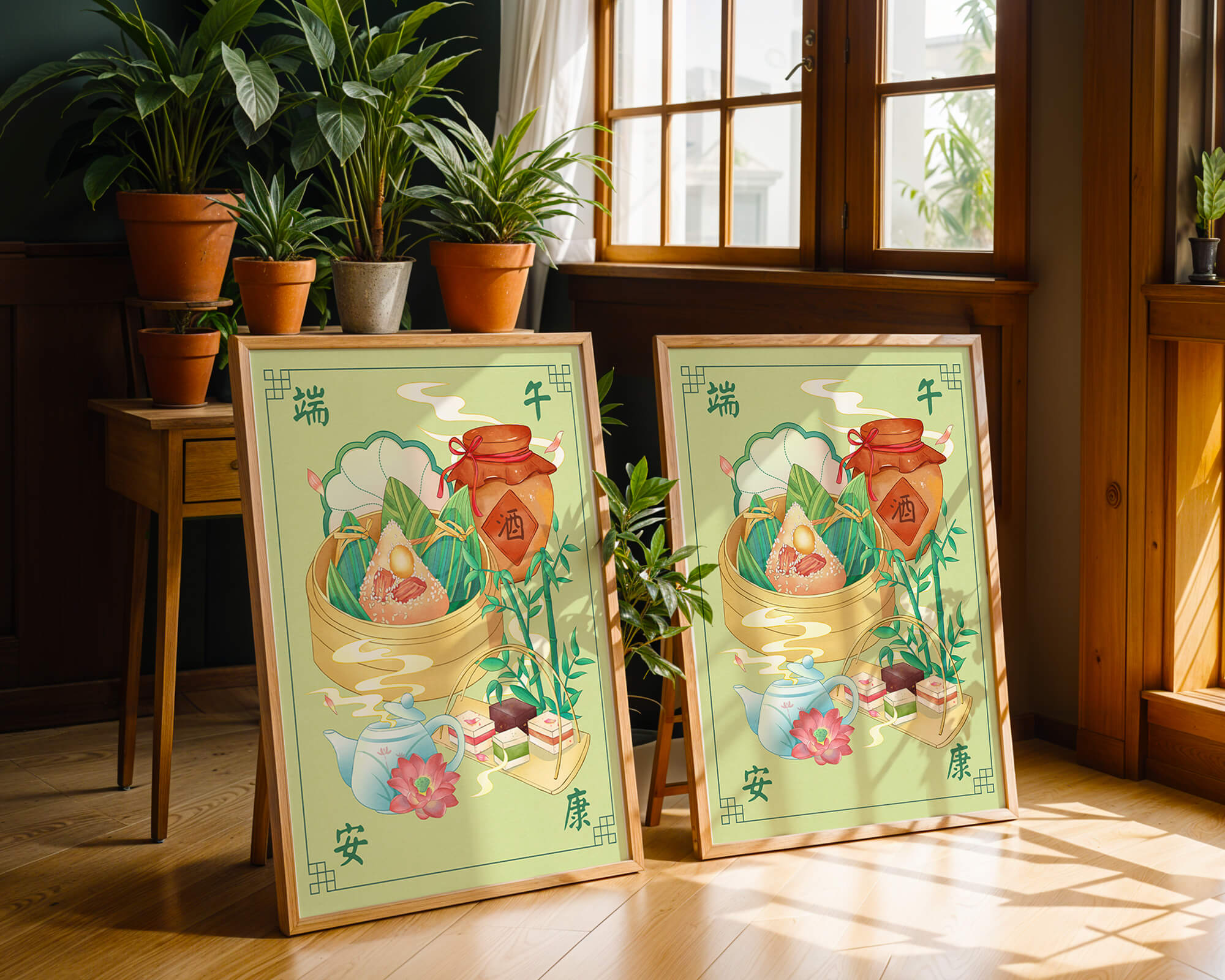 Chinese festive food illustration featuring traditional rice dumplings and tea set