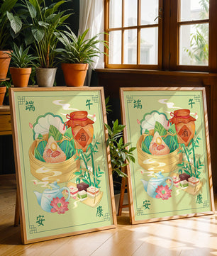 Illustration de nourriture festive chinoise mettant en scène des zongzi traditionnels et un service à thé