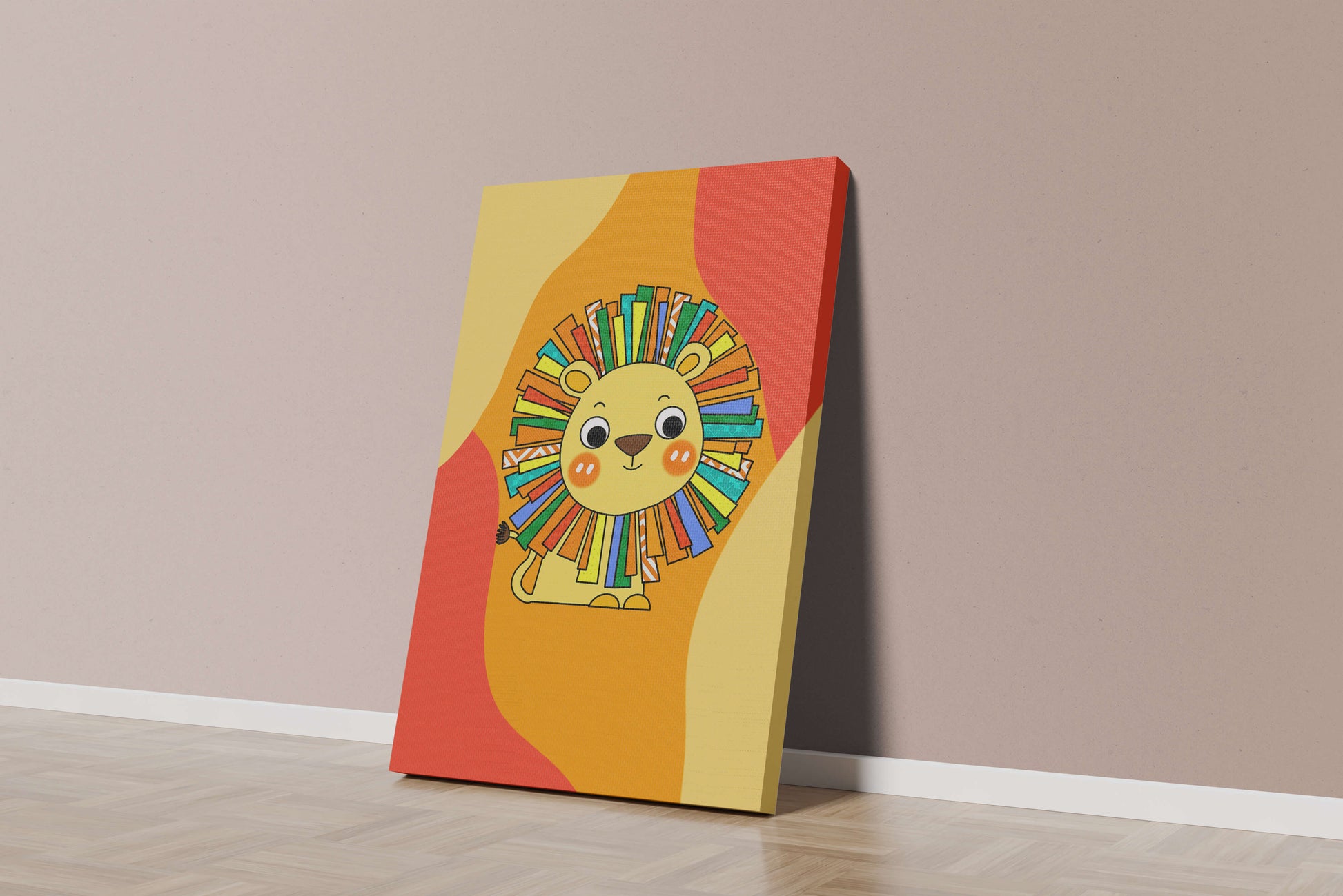 Colorful cartoon lion illustration with vibrant mane on abstract background