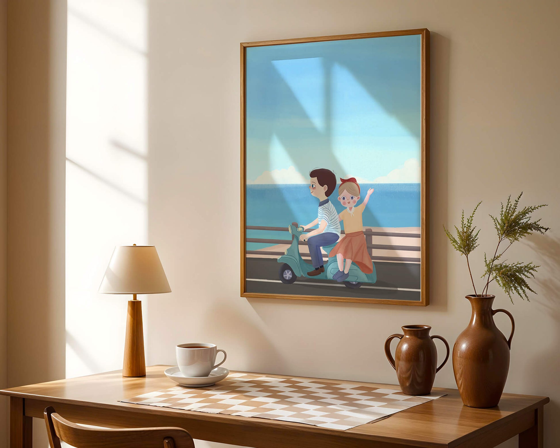 Young couple enjoying a scenic scooter ride by the seaside