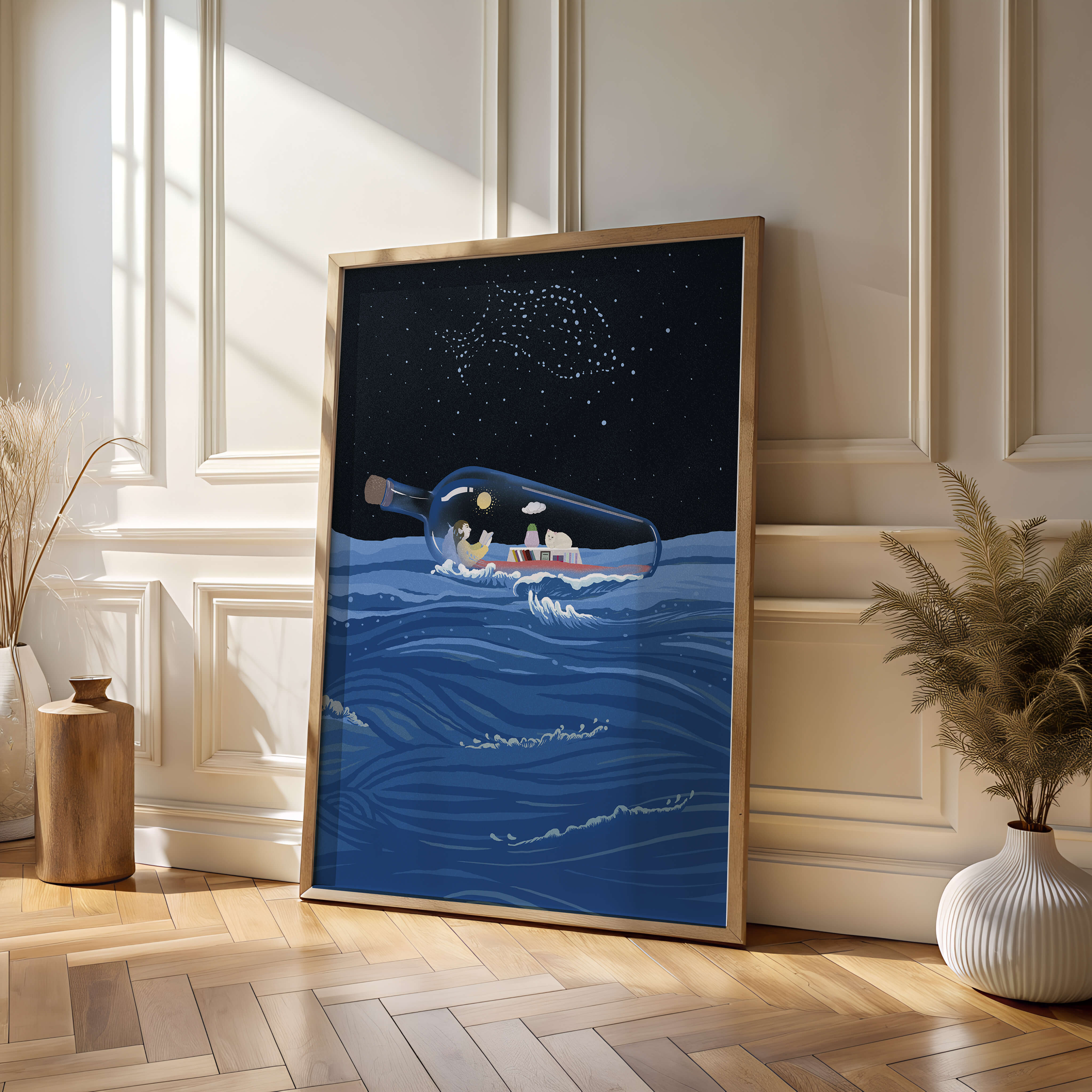 Surreal illustration of a bottle on the ocean with a starry night sky