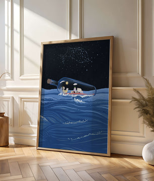 Surreal illustration of a bottle on the ocean with a starry night sky
