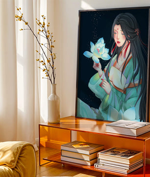 Elegant Woman Holding Glowing Lotus in Tranquil Nightscape