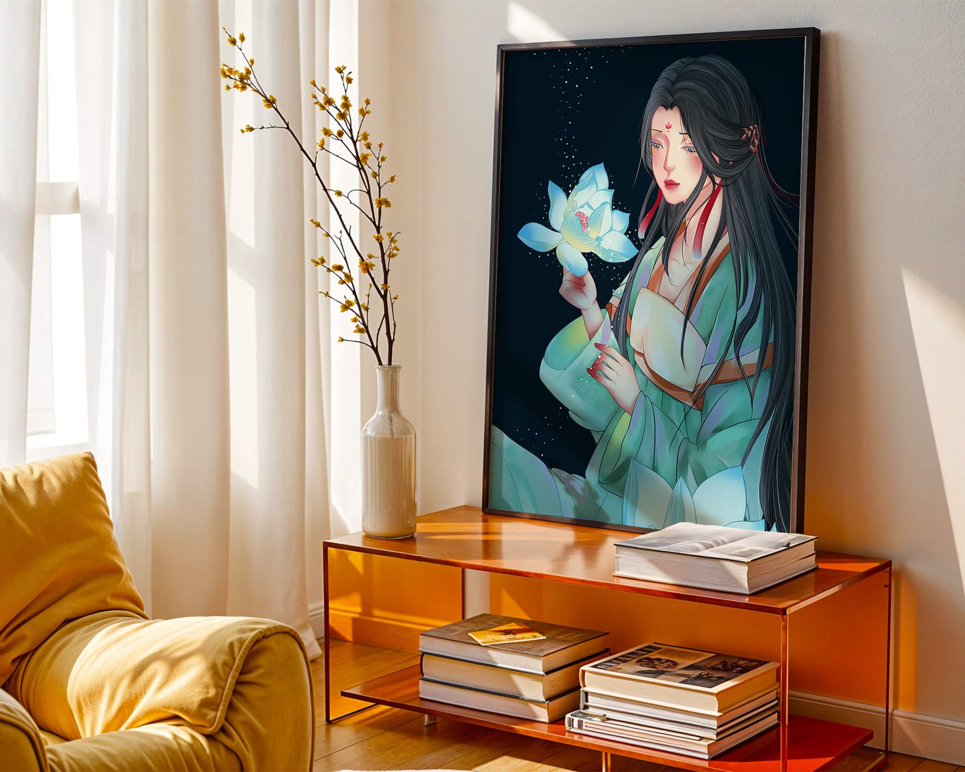 Elegant Woman Holding Glowing Lotus in Tranquil Nightscape