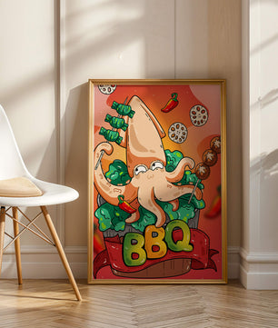 Calamar a la parrilla estilo caricatura peculiar con vegetales