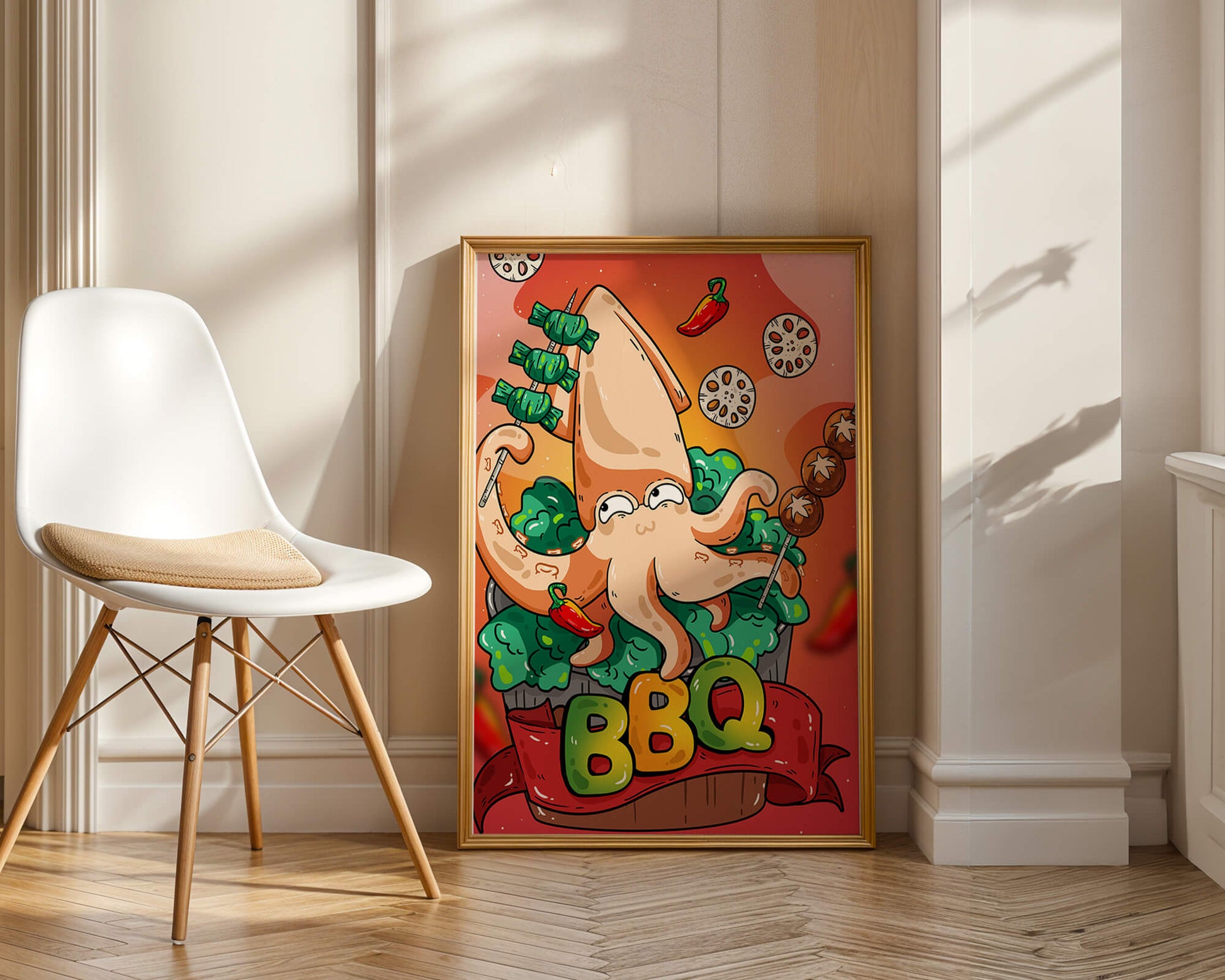 Quirky Cartoon Squid BBQ with Vegetables