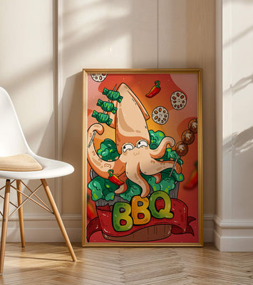 Quirky Cartoon Squid BBQ with Vegetables