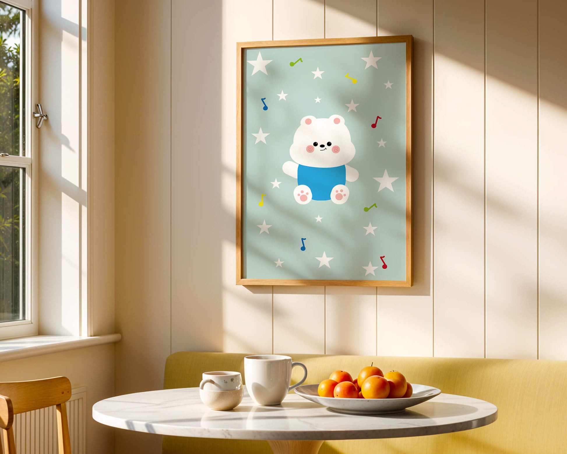 Playful bear illustration with musical notes and stars