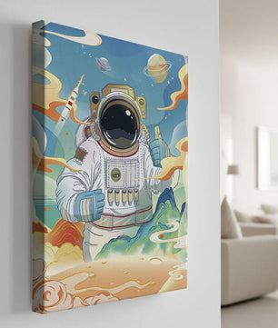 Colorful illustration of an astronaut in space with planets and rocket